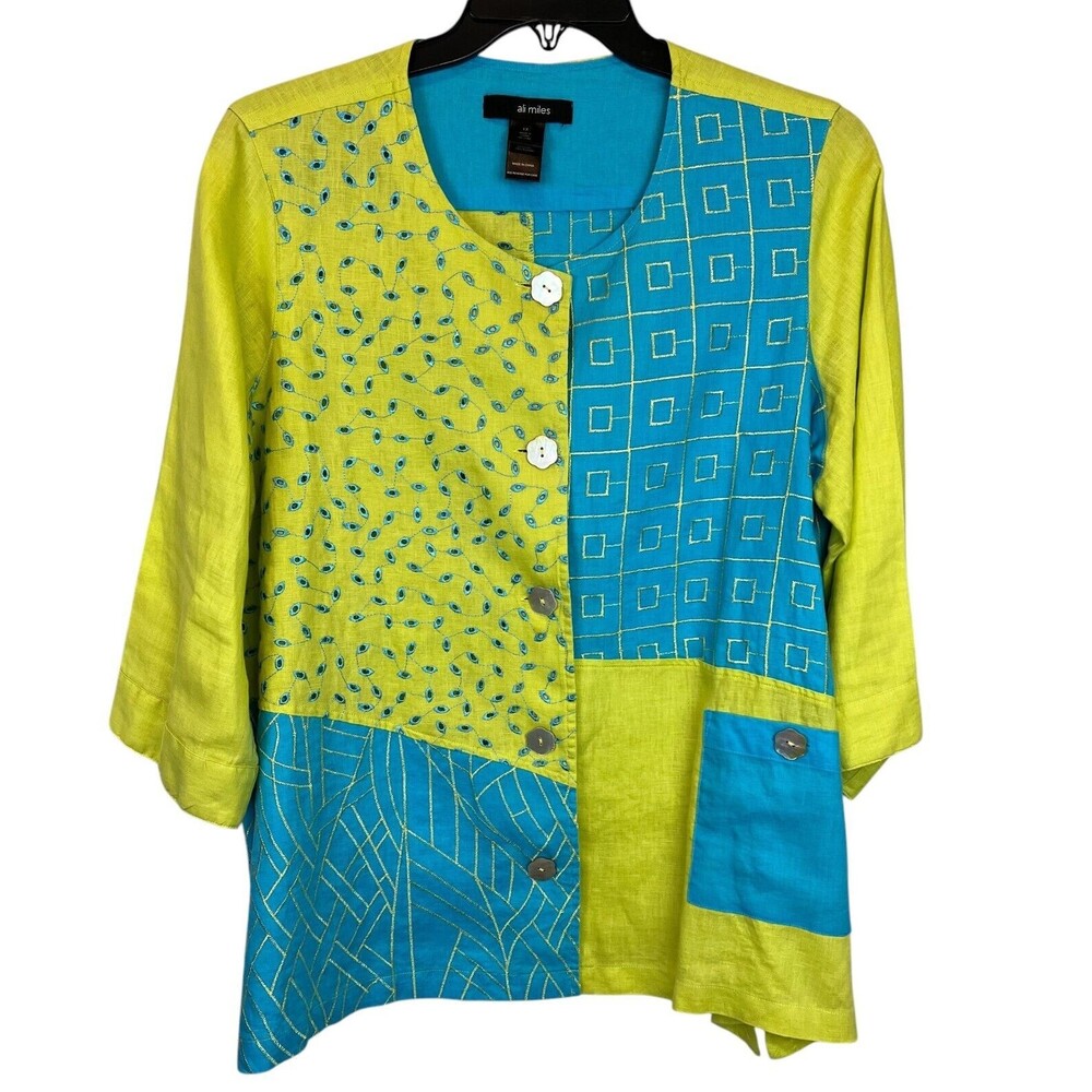 Ali Miles Vintage Turquoise & Lime Linen Lagenlook Shacket Jacket Top Size 1X